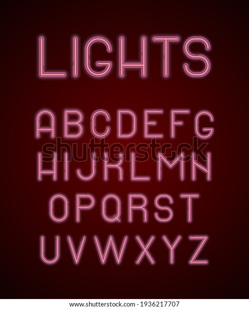 Neon colored alphabet. Letters glowing lamp\
light font isolated