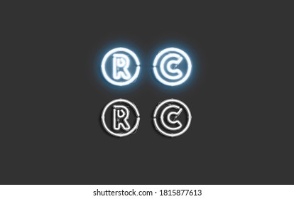 Neon Copyright And Registrated Symbol, Creative Font Mock Up, 3d Rendering. Lighting Fount With Registration And Law Emblem. Character Element For Creative Quote Signboard Template.