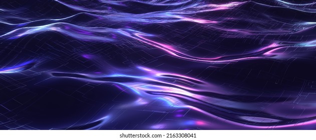 Neon Cyber Waves With Flares. Electronic Purple Circuit Lines And Board 3d Render On Ocean Dark Water. Glow Shimmer With Reflections Of Synthwave Electro Effects