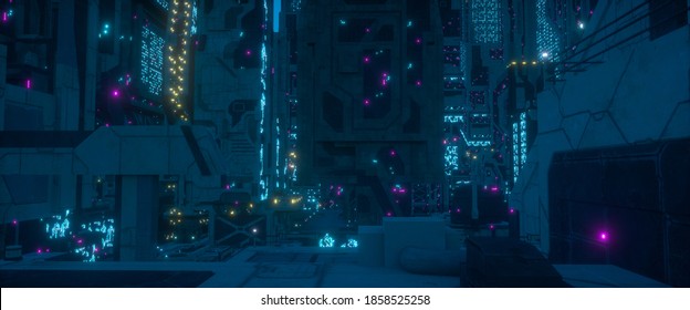 未来のネオン街 未来的な都市の工業地帯 サイバーパンクスタイルの壁紙 明るいネオンと巨大な未来的な建物を持つグランジ都市の風景 3dイラスト のイラスト素材 Shutterstock