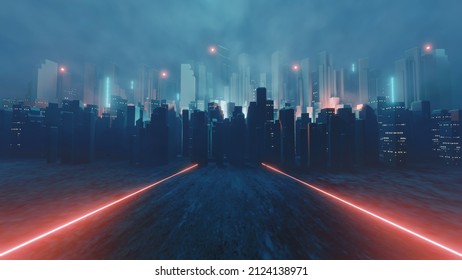 Neon Dark City With Red Light Technology Background. Cyber Punk Style. 3D Illustration Rendering.