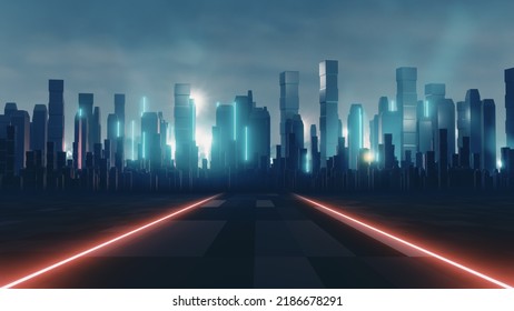 Neon Dark City With Red Light Technology Background. Cyber Punk Style. 3D Illustration Rendering.