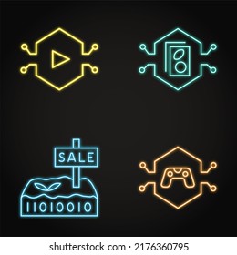 Neon Digital Assets Icon Set. Virtual Property, NFT Card And Game Symbols.
