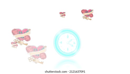 Neon Digital Clock Ticking Against Multiple Red Heart And Key Icons Falling Against White Background. Valentines Day And Love Concept