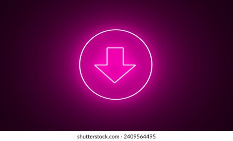 Icono simple de descarga de neón, diseño plano. círculo rosa neón sobre fondo negro con luz rosa. icono del botón de descarga, símbolo de flecha. Ilustración de stock