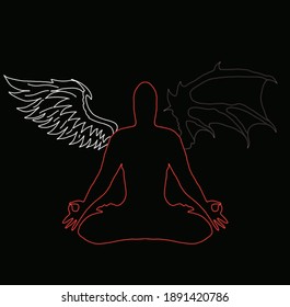 Neon drawing of a yogi with a pair of angel and demon wings