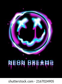 Neon Dreams Slogan Print Design With Neon Sprayed Emoji Icon