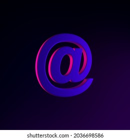 Neon Email Icon, At Sign. 3d Rendering Ui Ux Interface Element. Dark Glowing Symbol.