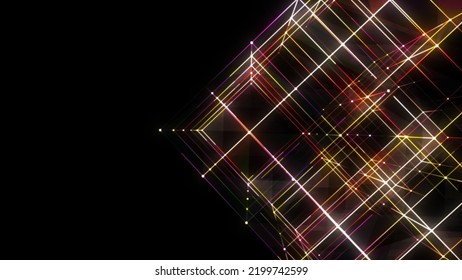 Neon Frame Of Rhombus. Maze Design. Pattern Of Lines And Dots,  Squares. Rainbow Radiance. Energy Field. Cosmic Body. Screensaver, Poster For Technology, Science, Business, Presentations.