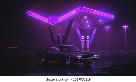 Neon gas station and retro car. Vintage cyberpunk auto. Fog rain and night. Dodge challenger. Color vibrant reflections on asphalt. 3D illustration.