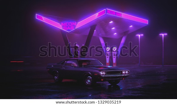 Neon gas station and retro car. Vintage\
cyberpunk auto. Fog rain and night. Dodge challenger. Color vibrant\
reflections on asphalt. 3D\
illustration.