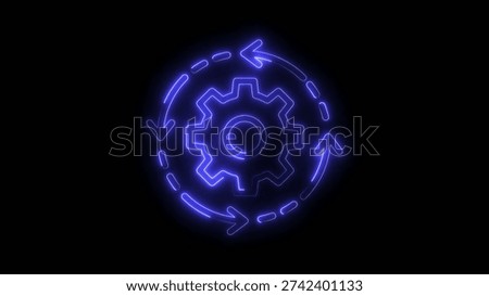 Neon Gear with Circular Arrow Loop Icon on Black Background cogwheel arrows