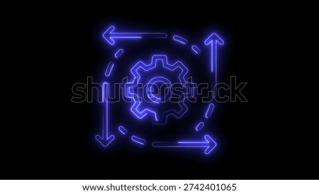 Neon Gear with Square Arrow Loop Icon on Black Background cogwheel arrows