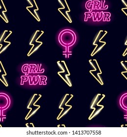 Neon Girl Power Seamless Pattern With Pink And Gold Glowing Icons On Dark Background. Feminist Movement Or Girly Concept. Illustration.