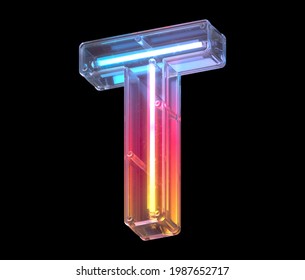 Neon In A Glass Case Font. Letter T. 3d Rendering.