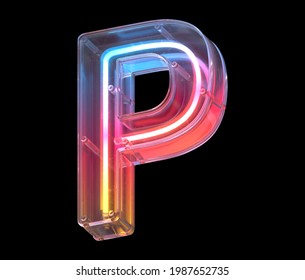 Neon In A Glass Case Font. Letter P. 3d Rendering.