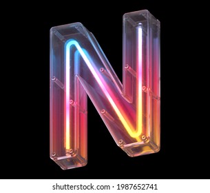 Neon In A Glass Case Font. Letter N. 3d Rendering.