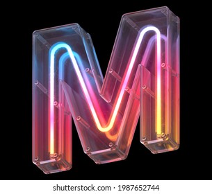 Neon In A Glass Case Font. Letter M. 3d Rendering.