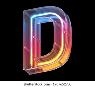 Neon in a glass case font. Letter D. 3d rendering.