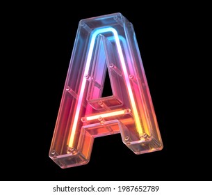Neon In A Glass Case Font. Letter A. 3d Rendering.
