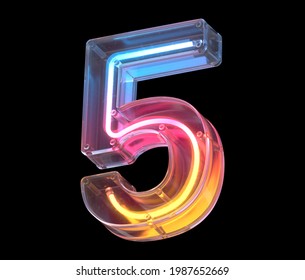 Neon In A Glass Case Font. Number 5. 3d Rendering.