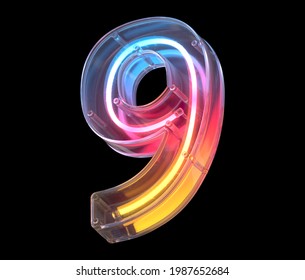 Neon In A Glass Case Font. Number 9. 3d Rendering.