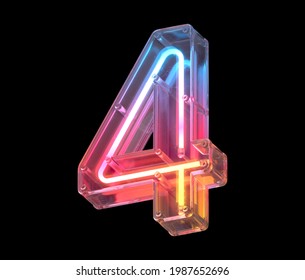 Neon in a glass case font. Number 4. 3d rendering.