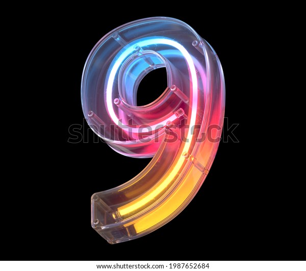 Neon in a\
glass case font. Number 9. 3d\
rendering.