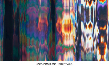 Neon Glitch Background. Color Distortion. Matrix Damage. Purple Orange Green White Holographic Noise Glow On Dark Black Illustration Abstract Texture.