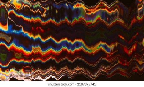 Neon Glitch. Digital Artifacts. Static Distortion. Red Blue Orange Color Glowing Noise Texture On Dark Black Illustration Abstract Art Background.