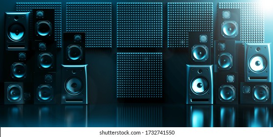 Neon Glowing Blue Performance Music Studio Vibrant Electric Synthwave Club Loud Speakers Show Event Empty Room Shiny Stage Poidum Concert 3D Rendering Illustration