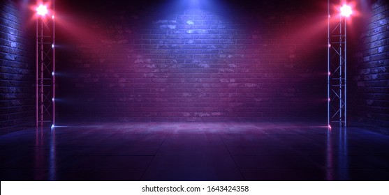 Neon Glowing Brick Walls Spotlights Stage Blue Purple Red Laser Fluorescent Retro Modern Futuristic Sci Fi Pantone Vibrant Club Dance Fashion Dark Night Grunge 3D Rendering Illustration