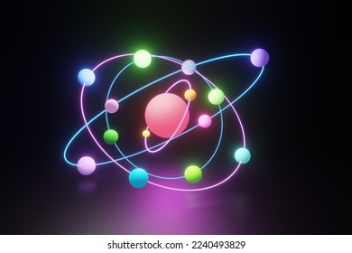 Neon Glowing electrons moving around atomic core in circular orbits on dark background. 3D illustration of the concept of atoms, molecules and quantum mechanic.