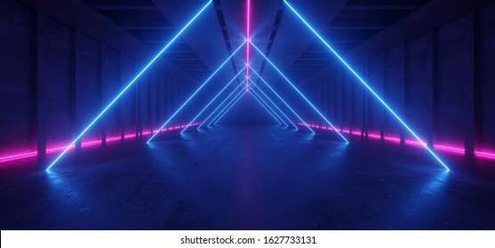 Neon Glowing Fluorescent Blue Purple Triangle Laser Lights Stage Stadium Studio Hallway Tunnel Corridor Concrete Grunge Alien Modern Empty Futuristic Sci Fi 3D Rendering Illustration