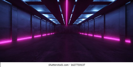 Neon Glowing Fluorescent Blue Purple  Laser Lights Stage Stadium Studio Hallway Tunnel Corridor Concrete Grunge Alien Modern Empty Futuristic Sci Fi 3D Rendering Illustration