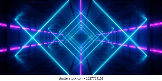 Neon Glowing Fluorescent Blue Purple Triangle Laser Lights Stage Stadium Studio Hallway Tunnel Corridor Concrete Grunge Alien Modern Empty Futuristic Sci Fi 3D Rendering Illustration