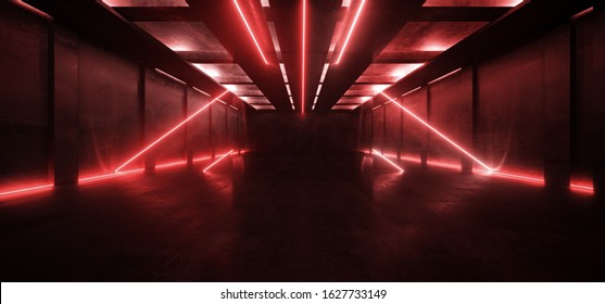 Neon Glowing Fluorescent Red Laser Lights Stage Stadium Studio Hallway Tunnel Corridor Concrete Grunge Alien Modern Empty Futuristic Sci Fi 3D Rendering Illustration