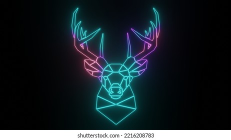 Neon Glowing Geometric Deer Head With Black Background 