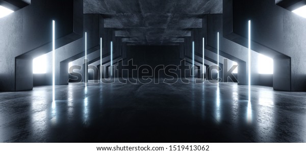 Neon Glowing\
Laser Blue Pylons Arch White Concrete Underground Garage Sci Fi\
Futuristic Hall Stage Podium Grunge Columns Dark Spaceship Tunnel\
Corridor 3D Rendering\
Illustration