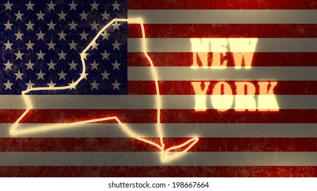 neon glowing outline map of the new york state on usa national flag backdrop