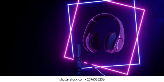 Neon Glowing Purple Blue Rectangle Lights Microphone Closeup Headphones Music Studio Vibrant Electric Synth Wave Club Podcast Performance Show Event Empty Room Shiny Stage Podium Concert 3D Rendering  - Powered by Shutterstock