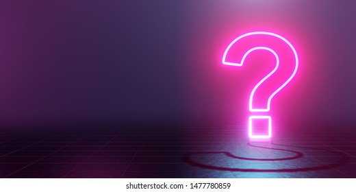 Neon glowing question mark abstract blue and pink background. 3d rendering