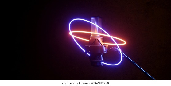 Neon Glowing Red Blue Circle Lights Microphone Closeup Headphones Music Studio Vibrant Electric Synth Wave Club Podcast Performance Show Event Empty Room Shiny Stage Podium Concert 3D Rendering 