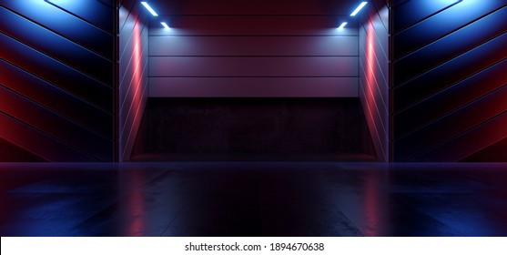 Neon Glowing Sci Fi Futuristic Blue Purple Red Cement Garage Door Parking Showroom Showroom Hangar Alien Spaceship Dark Cyber Background 3D Rendering Illustration