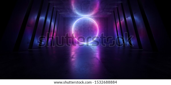 Neon\
Glowing Sci Fi Futuristic Alien Spaceship Circle Shaped Laser Beam\
Purple Blue Dark Hall Underground Tunnel Corridor Realistic Stage\
Night Virtual Path Gate 3D Rendering\
Illustration