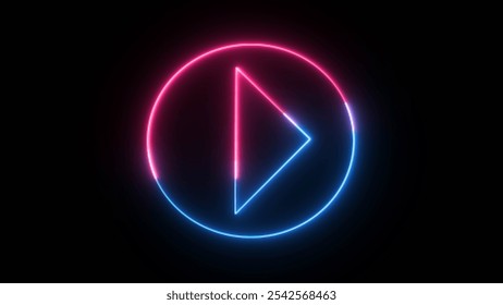 Neon glowing sign play button animation pink and blue color on black background music play button icon animation. Neon style press start icon, technology and computer concept, glowing light.
