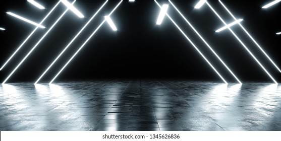 Neon Glowing Triangle Blue White Vibrant Background On Grunge Concrete Asphalt Reflective Spectrum Laser Show Optical Illusion Virtual Reality Empty Dark Sci Fi Futuristic Garage Room 3D Rendering 