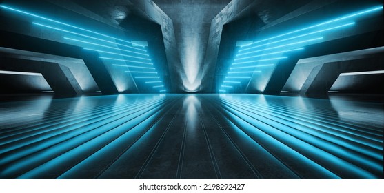 Neon Glowing Wings Shaped Lights Underground Sci Fi Futuristic Alien Spaceship Concrete Metal Realistic Tunnel Corridor Hallway Showroom Warehouse Studio Hangar Garage 3D Rendering Illustration