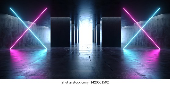 Neon Glowing X Shaped Lasers Purple Blue Modern Futuristic Sci Fi Concrete Grunge Reflective Tiled Floor Columns Hallway Garage Underground White Glow Asphalt Room Gallery Elegant 3D Rendering 