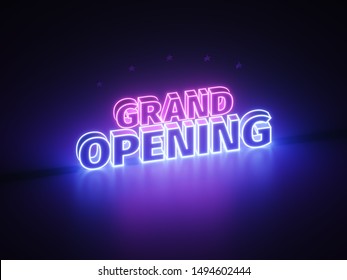 Neon grand opening banner  style. Sign grand opening in neon light on podium. Purple and blue glow. 3d isometric illustration. 3d rendering. - Powered by Shutterstock